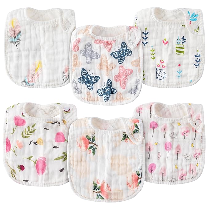 Zainpe 6Pcs Snap Muslin Cotton Baby Bibs Spring Butterflies Flowers Bib with 6 Absorbent Soft Layers Adjustable Burp Cloths for Infant Girl Boy Toddler Drooling Eating Teething Feeding 0 to 24 Months