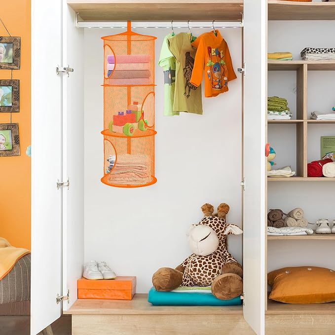 Libeder Mesh Hanging Storage Space Saver Bags Organizer,Foldable Storage Organizer 3 Compartments Toy Storage Basket for Kids Room Bathroom 2 Sets Orange