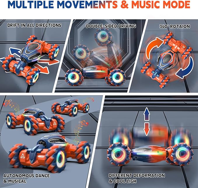 Remote Control Car for Boys - RC Cars for Boy Age 4-12, Gesture Sensing RC Stunt Drift Car for Kids Toys 4 5 6 7 8 9 10 11 12 Year Old Boy Birthday with Cool Lights Music (Orange)