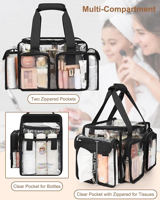 Relavel Clear Makeup Bag Professional Makeup Artist Kit Set Travel Cosmetic Organizer Case Transparent Stadium Approved Tote Bag Toiletry Lunch Duffle Work Shoulder Bag with Adjustable Dividers, Black