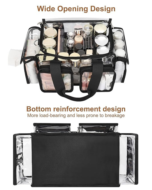 Relavel Clear Makeup Bag Professional Makeup Artist Kit Set Travel Cosmetic Organizer Case Transparent Stadium Approved Tote Bag Toiletry Lunch Duffle Work Shoulder Bag with Adjustable Dividers, Black
