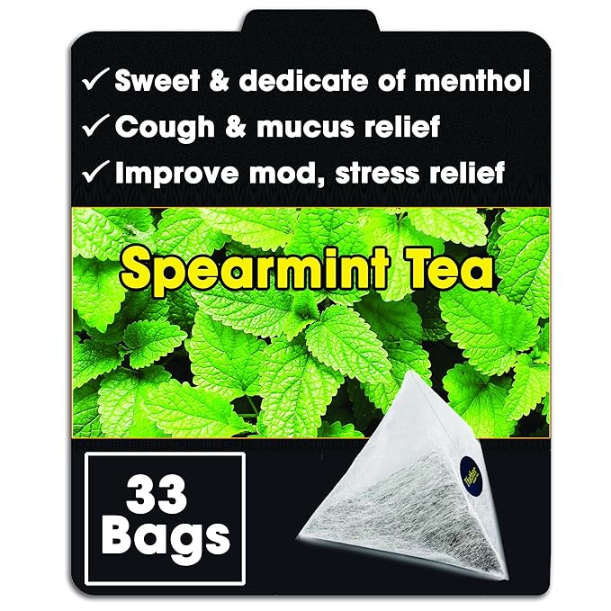 TFATHER Spearmint Tea Bags Pyramid with String - Sweet & Delicate of Menthol - Throat Soothing for Cough & Mucus Relief, Stress Relief, Digestion & Immune Support - Premium Spearmint Leaves