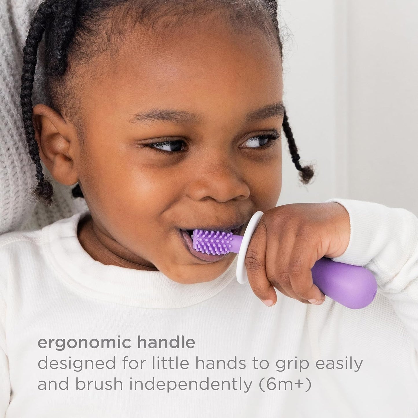 Ubbi 360° Baby Training Toothbrush with Safety Shield and Cover, Food-Grade Platinum Silicone, Gentle Cleaning for Infants, Smoothie Purple