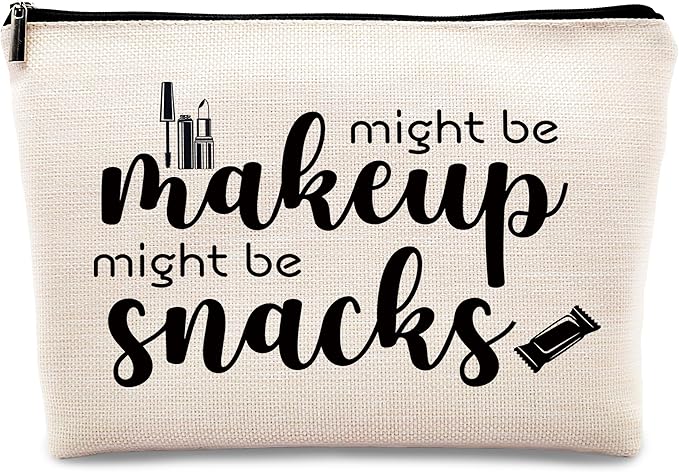 kdqua Novelty Cute Makeup Bag, Funny Quotes Might Be Makeup Might Be Snacks Linen Cosmetic Bag Zipper Pouch Travel Organizer Toiletry Bag, Humor Gift for Woman, Female Friend Birthday Gift Ideas