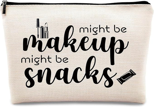 kdqua Novelty Cute Makeup Bag, Funny Quotes Might Be Makeup Might Be Snacks Linen Cosmetic Bag Zipper Pouch Travel Organizer Toiletry Bag, Humor Gift for Woman, Female Friend Birthday Gift Ideas