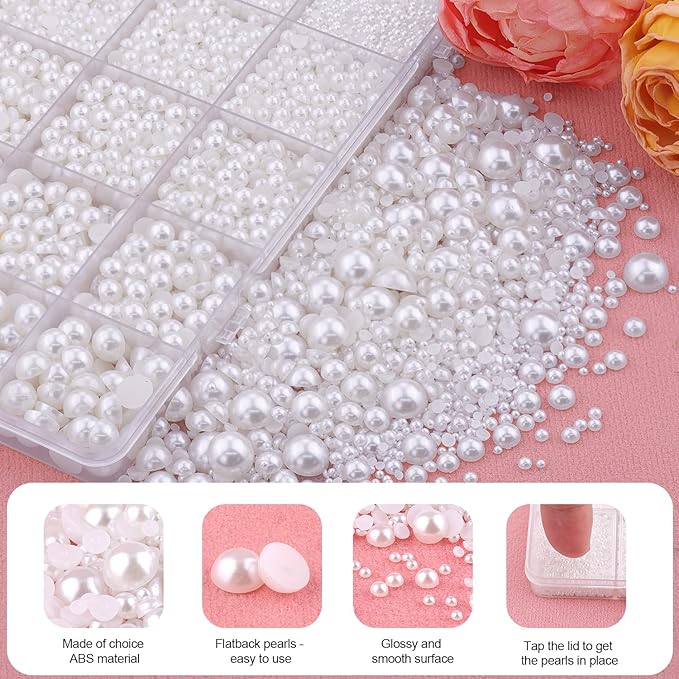 13500Pcs Flatback Pearls for Bedazzling (White) with 3Pcs B7000 Jewelry Glue, Assorted Size 2/3/4/5/6/8/10mm Half Pearl, Bedazzling Gems for Crafting Clothing Tumbler Shoes Embellishment Nail Art