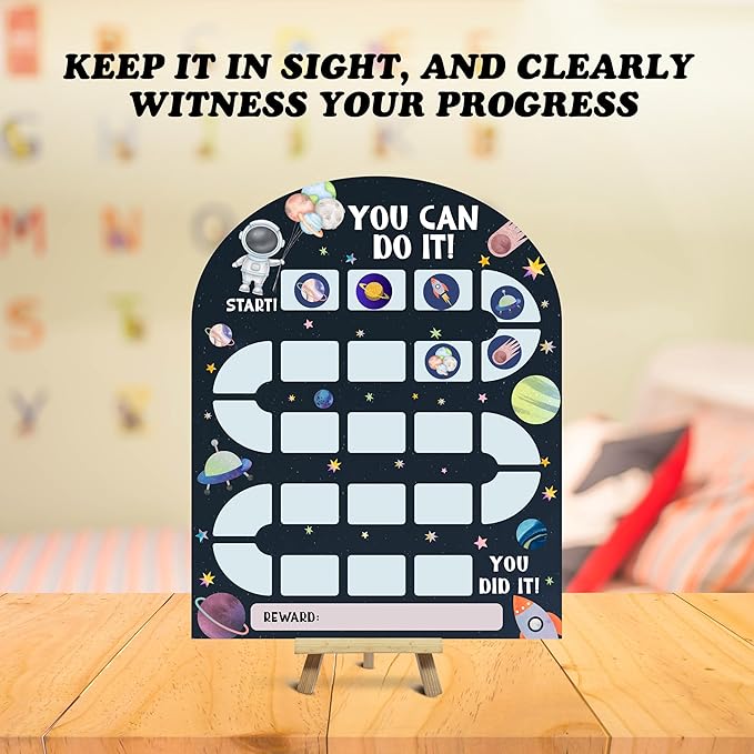 Outer Space Reward Chart, Behavior Chart for Kids at Home, Wooden Incentive Chart Signboard with 24 Tokens, Galaxy Themed Sticker Charts Classroom Essentials -02
