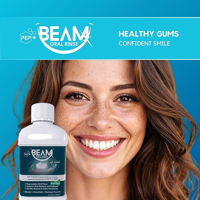PEP+ BEAM Alcohol-Free Fluoride-Free Mouthwash with Peptides & Xylitol – Oral Rinse for Enamel Strength, Gum & Tissue Support, Fresh Breath & Microbiome Balance – Dentist Inspired, Travel Size 3.4 oz