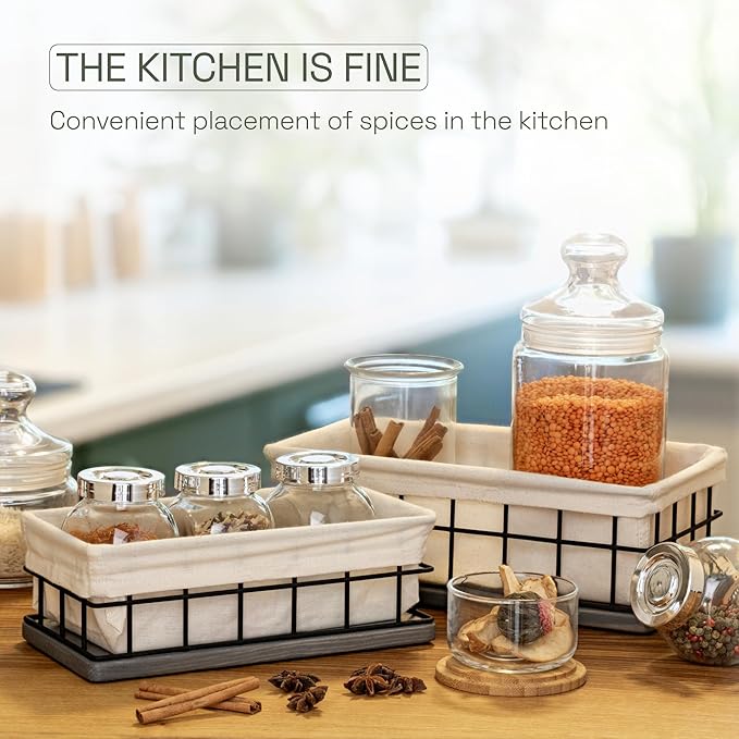 BAOBAB WORKSHOP Set of 2 Metal & Wooden Basket with Liners - Bathroom Basket Organizer & Kitchen Storage Decor - Farmhouse Toilet Paper Baskets for Back of Toilet Tank Tray Topper