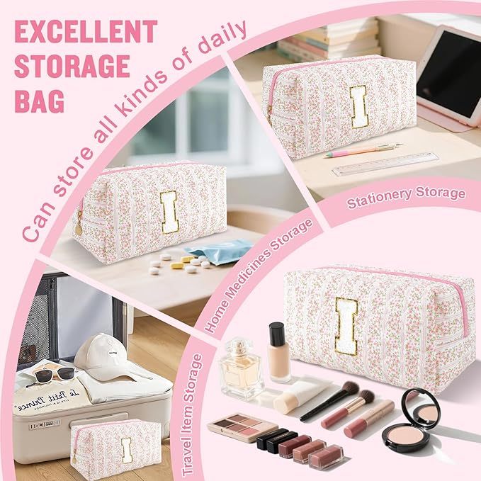Personalized Quilted Cosmetic Bag, Puffy Monogrammed Christmas Birthday Gifts for Women & Girls, Cute initial Floral Makeup Bag Puffer Coquette Bag, Aesthetic Travel Toiletry Zipper Pouch(Pink,I)