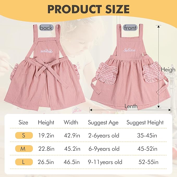 MT WORLD Girls Apron Personalized Linen Kids Aprons for Cooking Toddler Girls Cross Back Apron Pinafore for Baking Crafting