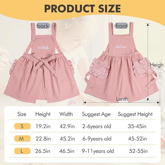 MT WORLD Girls Apron Personalized Linen Kids Aprons for Cooking Toddler Girls Cross Back Apron Pinafore for Baking Crafting