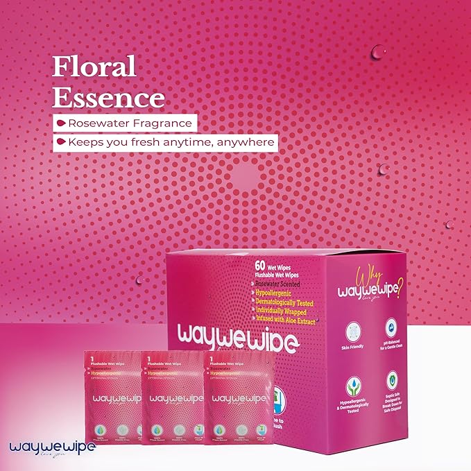 On-The-Go Flushable Feminine Wet Wipes, 60 Count XL Individually Wrapped Female Wipes, Hypoallergenic 100% Plant Based Septic Safe, Travel Size Adult Cleansing Cloth for Women, Rosewater