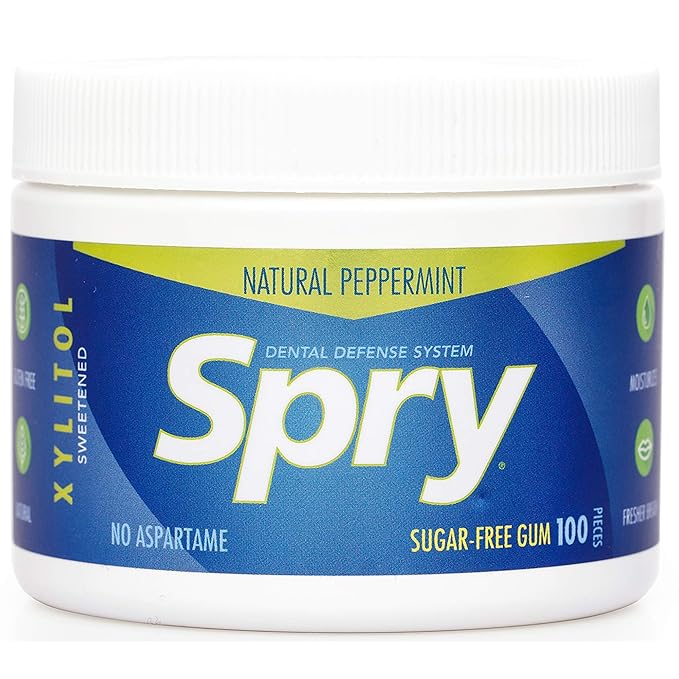 Spry Fresh Natural Xylitol Chewing Gum Dental Defense System - Aspartame-Free, Sugar-Free, Non-GMO, Gluten-Free (Peppermint, 100 Count - Pack of 2)