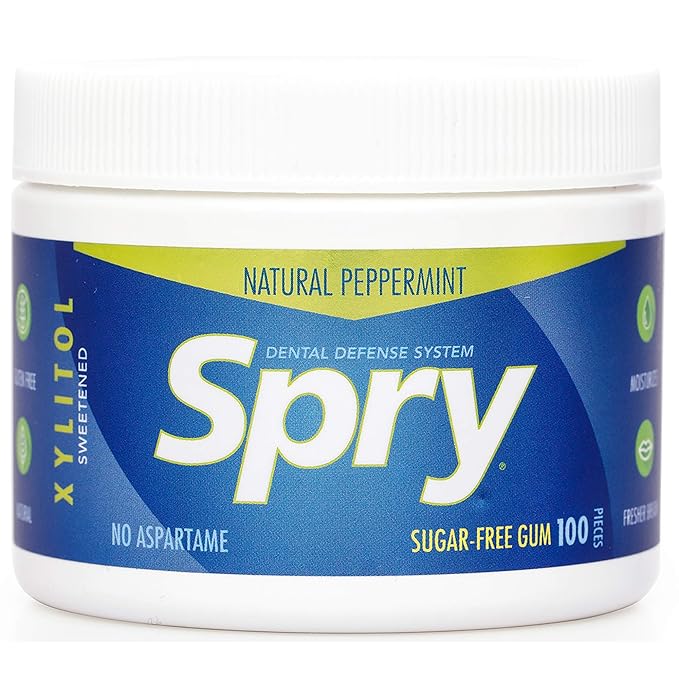 Spry Fresh Natural Xylitol Chewing Gum Dental Defense System - Aspartame-Free, Sugar-Free, Non-GMO, Gluten-Free (Peppermint, 100 Count - Pack of 1)