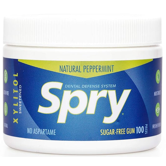 Spry Fresh Natural Xylitol Chewing Gum Dental Defense System - Aspartame-Free, Sugar-Free, Non-GMO, Gluten-Free (Peppermint, 100 Count - Pack of 1)