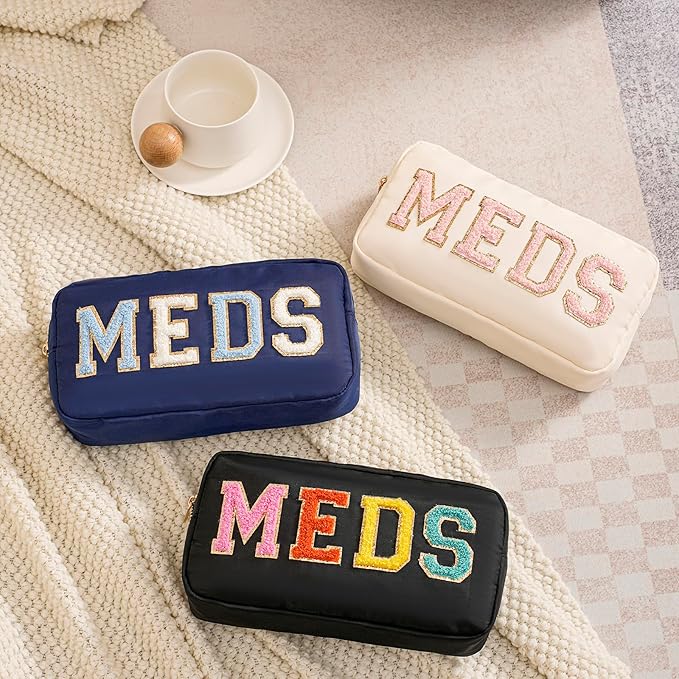 2Pcs Chenille Letter Patch Nylon Medicine Makeup Bag Set,Cute MEDS Travel Makeup Bag with Metal Zipper, First Aid Purse Organizer Cosmetic Bag for Women and Girls(Beige MEDS-RX)