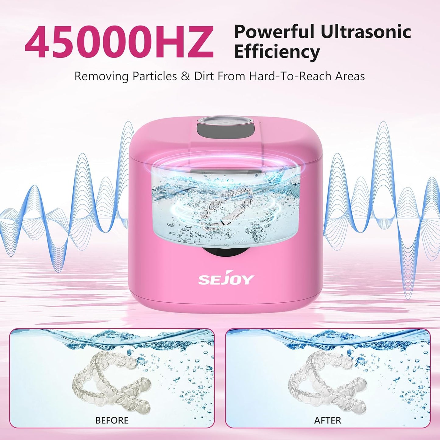 Sejoy 45kHz Ultrasonic Retainer Cleaner, U-V Double Denture Cleaning Machine with Digital Timer, Cleaner for Braces, Mouth Guards, Rings, Toothbrush