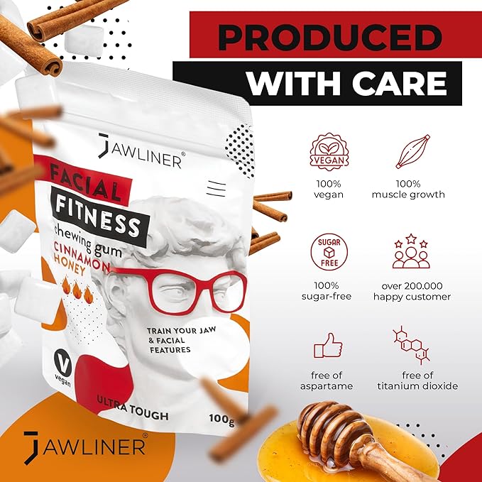 Jawliner® - Pioneers the Toughest Handmade 15x Harder Jawline Gum Includes 12 Weeks Coaching - Sugar-Free Cinnamon Honey Chewing Gum - Jawline Exerciser for Mewing & Shaping the Jaw (6 Months Pack)