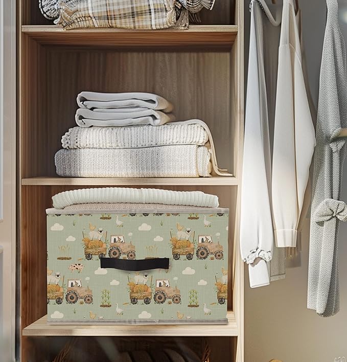 Nogrit Farm Animal Nursery Storage Bins Box, Toybox for Boys Girls, Light Green Rustic Farmhouse Foldable Baskets Organizer Container with Handles for Kids Bedroom Bathroom Clothes Toys Books