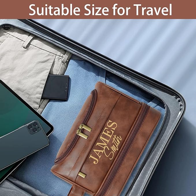 Personalized Toiletry Bag For Men, Large Capacity Travel Doop Kit, Vintage Color PU Leather, Custom Name Initials, Gifts for Dad, Husband, Boyfriend, Groomsmen, Birthday (Style 3)