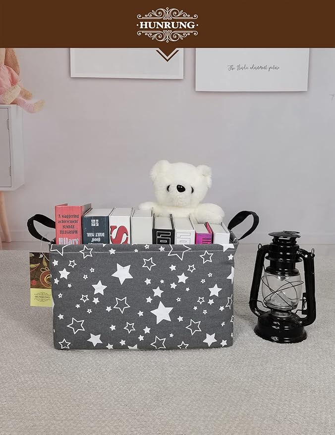 HUNRUNG Rectangle Storage Basket Cute Canvas Organizer Bin for Pet/Children Toys, Books, Clothes Perfect for Rooms/Playroom(REC-Grey star)