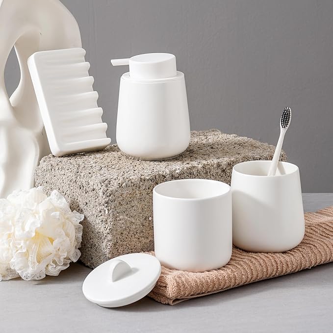Ceramic Bathroom Accessories Set, Lotion Soap Dispenser and Toothbrush Holder Set, Soap Dish, Apothecary Jars,4 Pieces for Home Modern Bathroom Decor Vanity Countertop(White Set - Liquid)