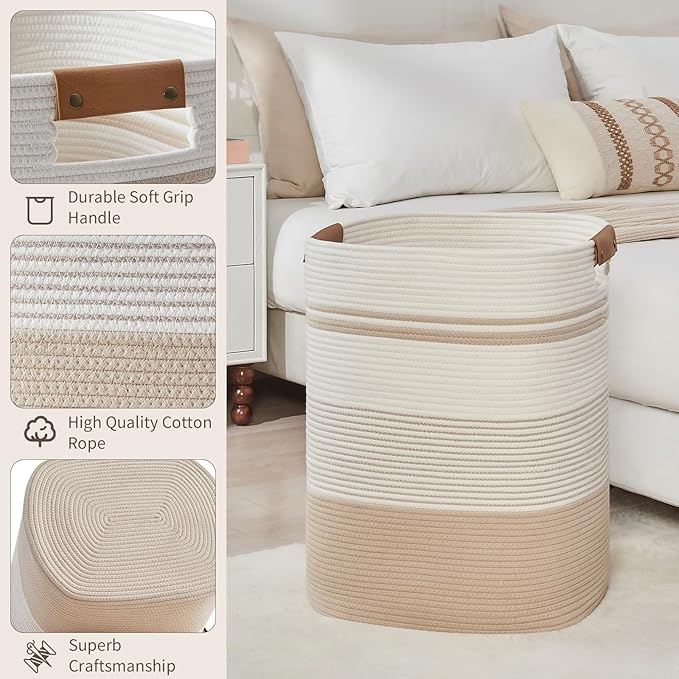 Laundry Basket with Handles - Blanket Basket & Hampers for Bedroom Aesthetic, Laundry Hamper & Blanket Storage for Living Room, Clothes Hamper, Tall, Large 17" x 14" x 22”, Off-white