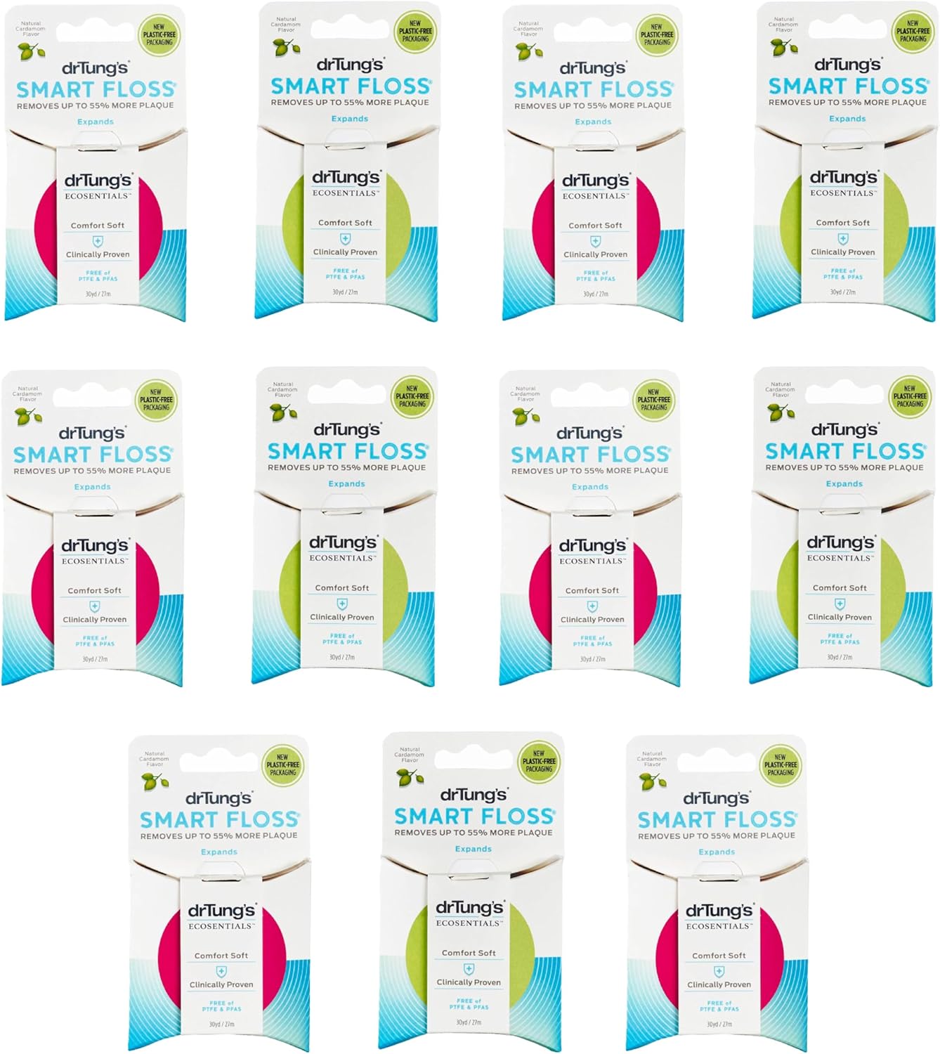 DrTung's Smart Floss - Natural Floss, PTFE & PFAS Free Floss, Gentle on Gums, Expands & Stretches, BPA Free - Natural Dental Floss Cardamom Flavor (Pack of 11)