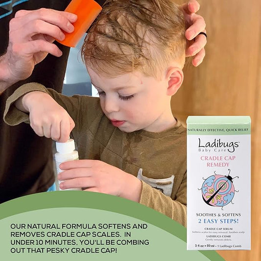 Ladibugs Cradle Cap Remedy Kit, 3oz | Includes Cradle Cap Serum & Fine-Toothed Comb | Effectively Removes Scales & Flakes | Soothes & Softens Scalp