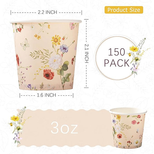 Crisky 3oz Bathroom Cups[150 Pack] Disposable Paper Dixie Cup, Elegant Vintage Floral Small Mouthwash Cups, Hot/Cold Beverage Coffee, Dessert for Birthday Parties, Home-use, Picnics, Ceremonies