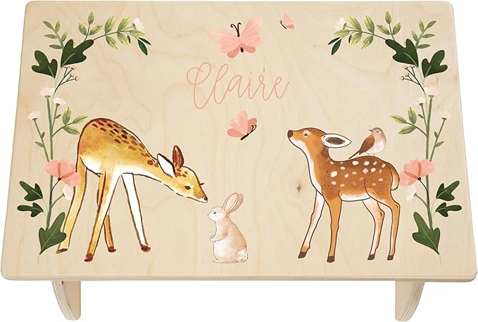 Step Stool for Toddlers- Personalized Wood Kids Step Stool with Name for Kitchen Sink, Bathroom, Potty Training, Toilet, Kitchen Sink- Sturdy and Safe- Made in USA by BloomOwl (Woodland- Deer)