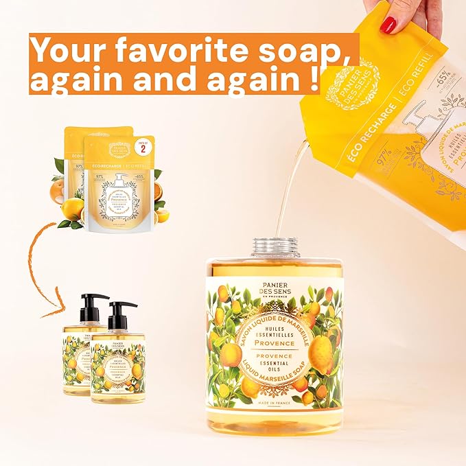Panier des Sens - Liquid Hand Soap Refills - Provence Foaming Hand Soap Refill - French Moisturizing Hand Wash with Coconut Oil - Kitchen & Bathroom - 97% Natural - 34 Fl.oz
