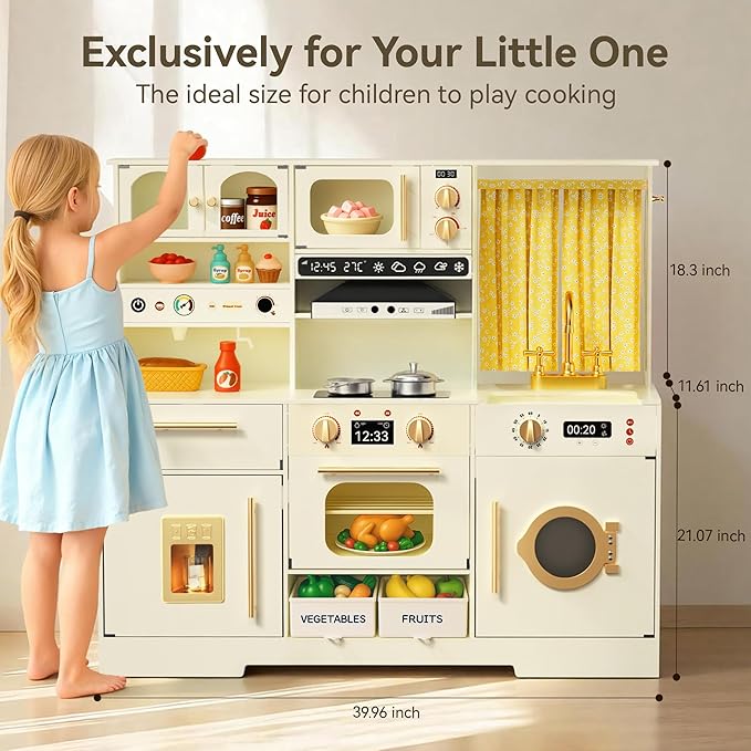 Play Kitchen for Toddlers with Felt Storage Boxes & Range Hook, Wooden Kids Kitchen Playset with Oven, Microwave, Ice Maker, Toy Kitchen Set with Coffee Maker for Girls & Boys Age 3+, Yellow Curtains