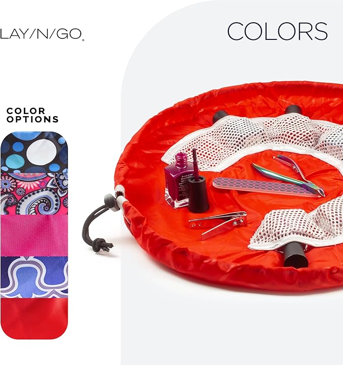 Lay-n-Go NailSpa Drawstring Cosmetic Bag - Portable Nail Supplies Organizer Bag w/ 8 Elastic Mesh Pockets & Circular Center - Durable, Machine Washable Nail Kit Organizer (18", Red)