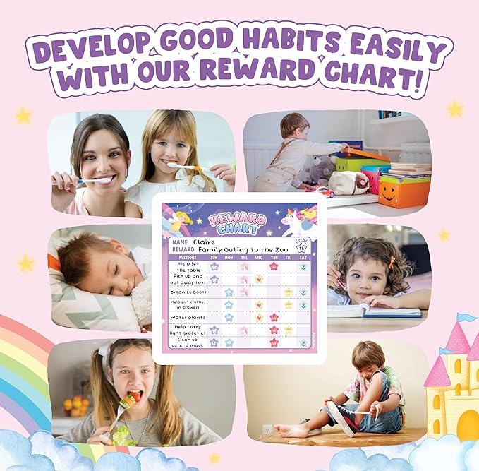 Reward Chart for Kids - 11.4" x11.2" with 1,920 Mini Stickers,49 Big Motivational Stickers, Behavior Chart for Kids at Home, Magnetic Chore Chart, Chore Chart for Kids (Unicorn & Princess)