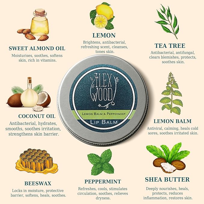 The Ilex Wood - Lip Balm Pack of 3 - Lemon Balm and Peppermint - All natural, coldsore prevention, cruelty free, plastic free, moisturising lip balm, handcrafted - 3 x 10ml (3 x 0.34 fl oz)