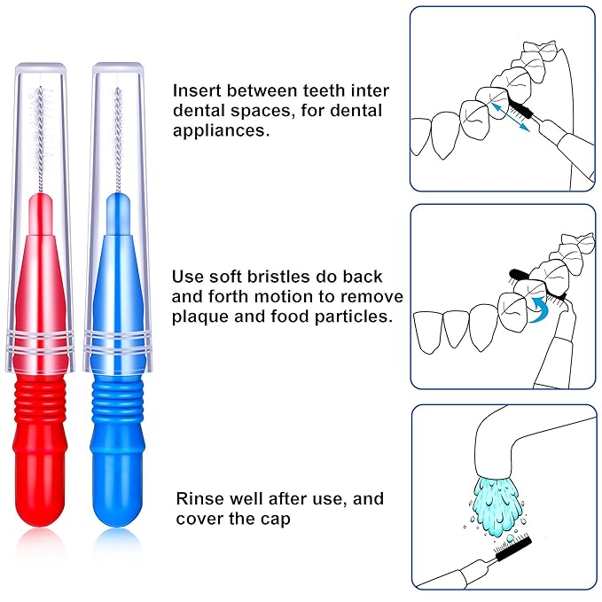 BBTO 100 Pcs Braces Dental Brush Flosser for Cleaner Interdental Brush Toothpick Tooth Flossing Head Oral Dental Toothpick Cleaners Cleaning Tool(Red and Blue)