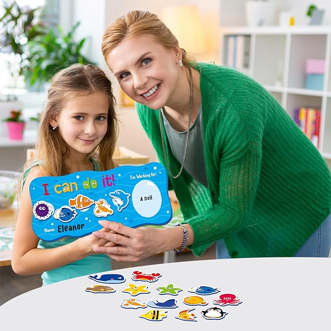 “I CAN DO IT” Token Board, Magnetic Reward Chart with 30 Animal Magnets, Sea-Themed Reward System Board, Incentive Chart for Good Behavior and Responsibility, Great for Toddlers, Kids, Students