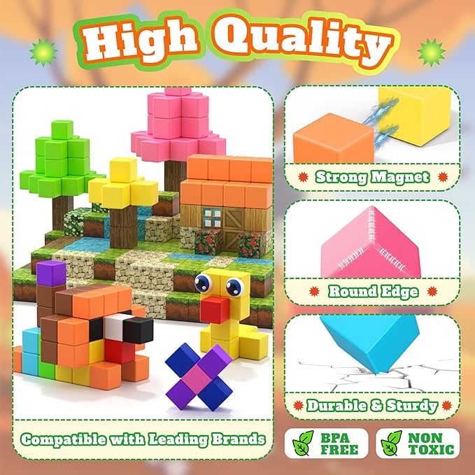 116 PCS Magnetic Blocks Set, 1" Magnet Building Blocks with Toy Eyes and Storage Bag for Kids Gifts, STEM Educational Preschool Sensory Toys for Toddlers Boys Girls Ages 3 4 5 6 7 8 + (Bright Color)