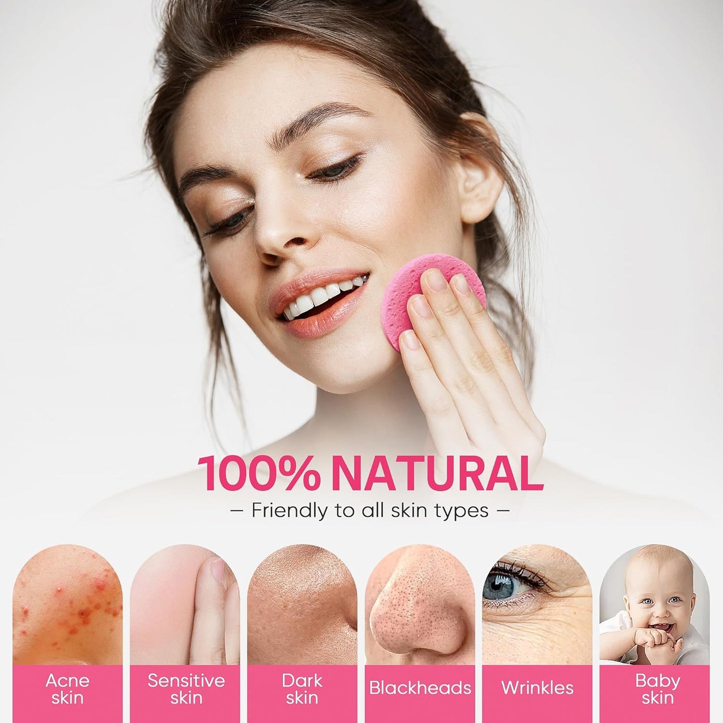 GAINWELL 50-Count Compressed Facial Sponges with Storage Container, for Facial Cleansing, Reusable Makeup Remover, Portable, Suitable for Travel, Pink