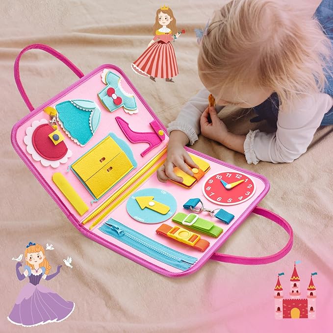 Freebear Deluxe Pink Princess Quiet Book Sensory Board for Toddlers 1-4, Montessori Educational Toys for Girls, Travel Toys with Activities