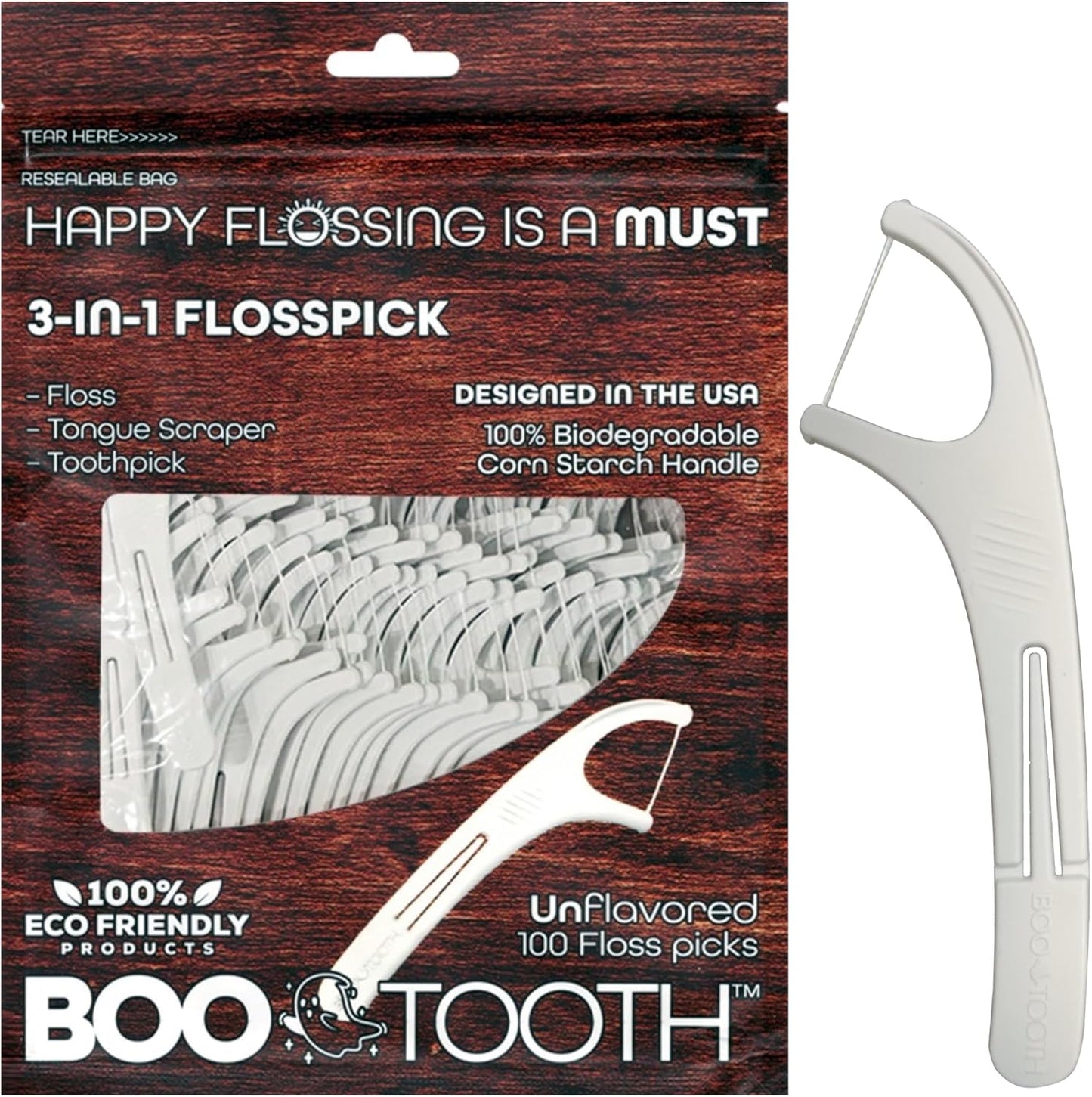 World’s First Eco-Friendly 3-in-1 Dental Floss Pick – Thin Flosser with Foldable Toothpick & Tongue Scraper – 100 Count, Biodegradable, Unflavored 100 Picks