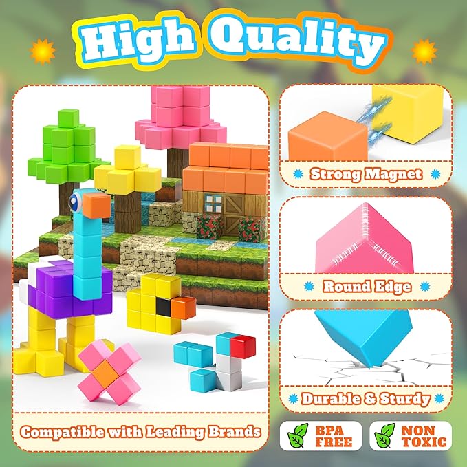 65 PCS Magnetic Blocks Set, 1" Magnet Building Blocks with Toy Eyes and Storage Bag for Kids Gifts, STEM Educational Preschool Sensory Toys for Toddlers Boys Girls Ages 3 4 5 6 7 8 + (Bright Color)