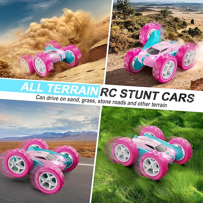 RC Cars, Pink Remote Control Car for Girls, 2.4 GHZ Double Sided RC Stunt Car 360° Rotating Remote Control Crawler with Headlights Car Toys for 6 7 8 9 10 11 12 Girls Birthday Gift Grandkids