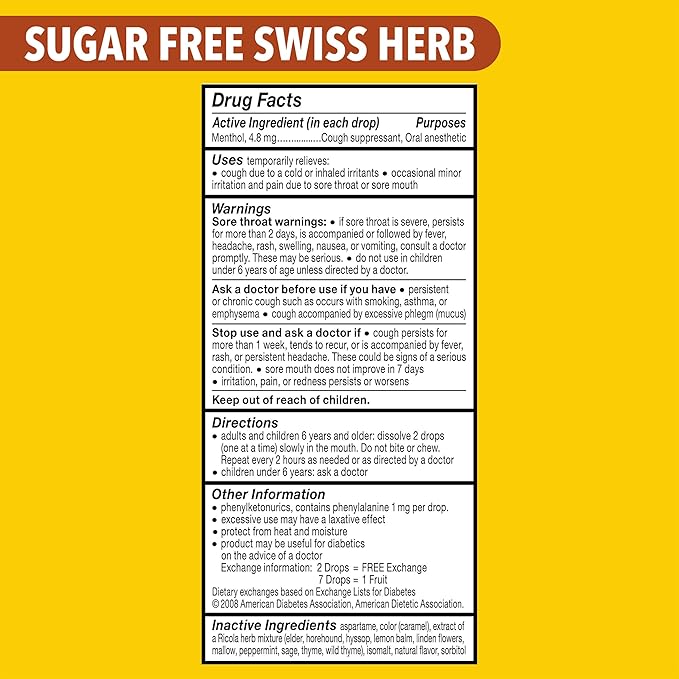 Ricola Sugar Free Swiss Herb Cough Drops, 45 Count, Cough Suppressant & Throat Relieving Drops with Naturally Sourced Menthol, Pleasing Taste for Coughs & Throat Irritation Symptom Relief