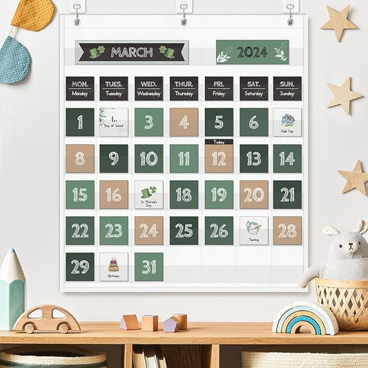 Eamay Boho Greenery Calendar Pocket Chart with 82 Cards for Kids Learning,Classroom and Home School Décor