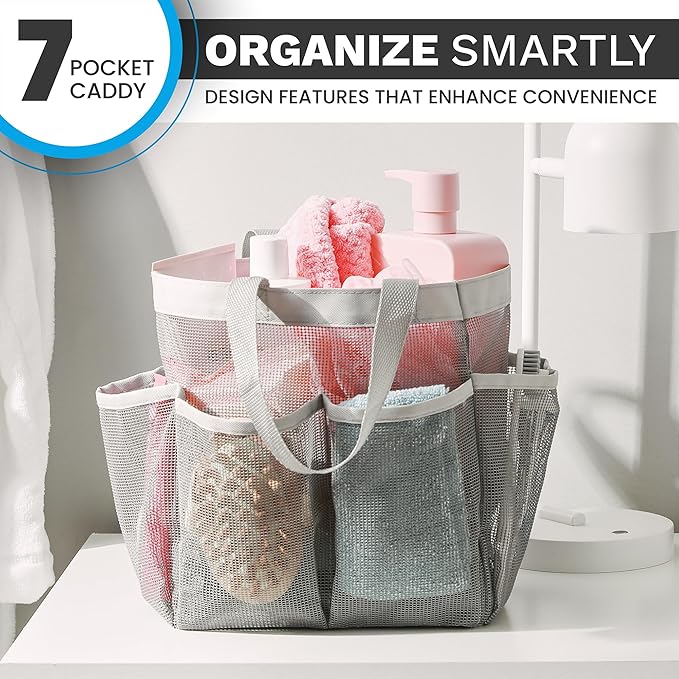 Handy Laundry Masirs Mesh Shower Caddy - 7 Pocket Portable Bathroom Organizer Tote for Travel, Gym & Dorm - Collapsible Small Shower Caddy Bag to Hold Toiletries & Essentials (Gray)