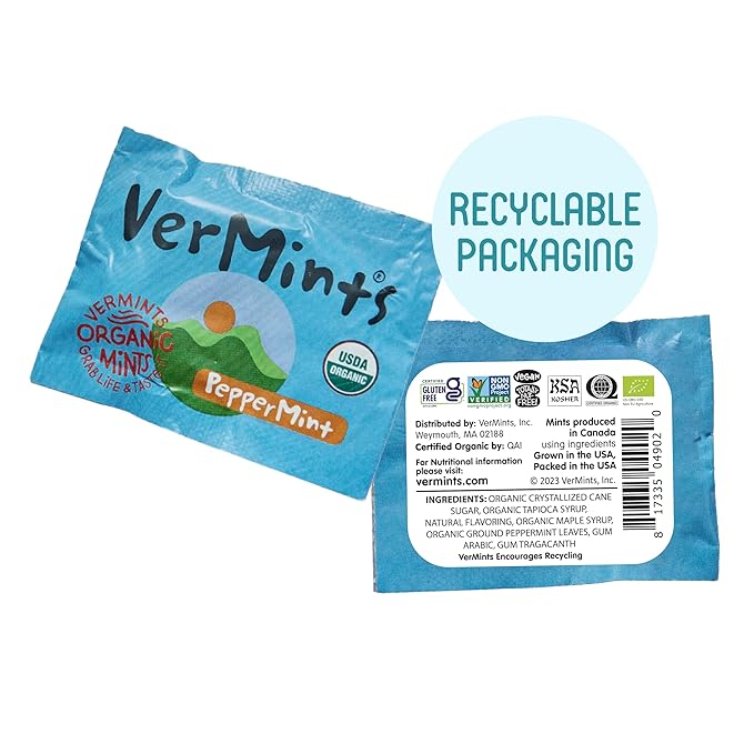 VerMints Organic Breath Mints PepperMint Candy Mints - Real Ingredients, Lasting Refresh - Travel Size Candies - Non-GMO, Vegan, Nut Free, Gluten Free & Kosher Peppermints - 100 Packets