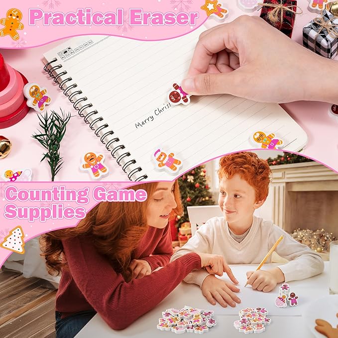 CJiangpo 60Pcs Christmas Erasers for Kids Bulk, Cute Mini Gingerbread Man Pencil Rubber Erasers Novelty Desk Pets for Classroom Rewards Holiday Christmas Party Favors Filler Stocking Stuffers